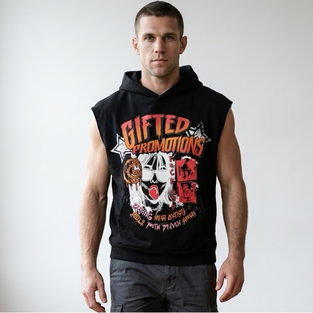 NWT GFTD LA Men’s Black Vintage Wash Sleeveless Graphic Hoodie “Promotions” - S